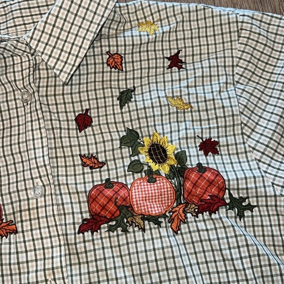 Vintage Pumpkin Patch Sunflower Fall Harvest Embroidered Button Front Shirt S 🌻 - Picture 6 of 11
